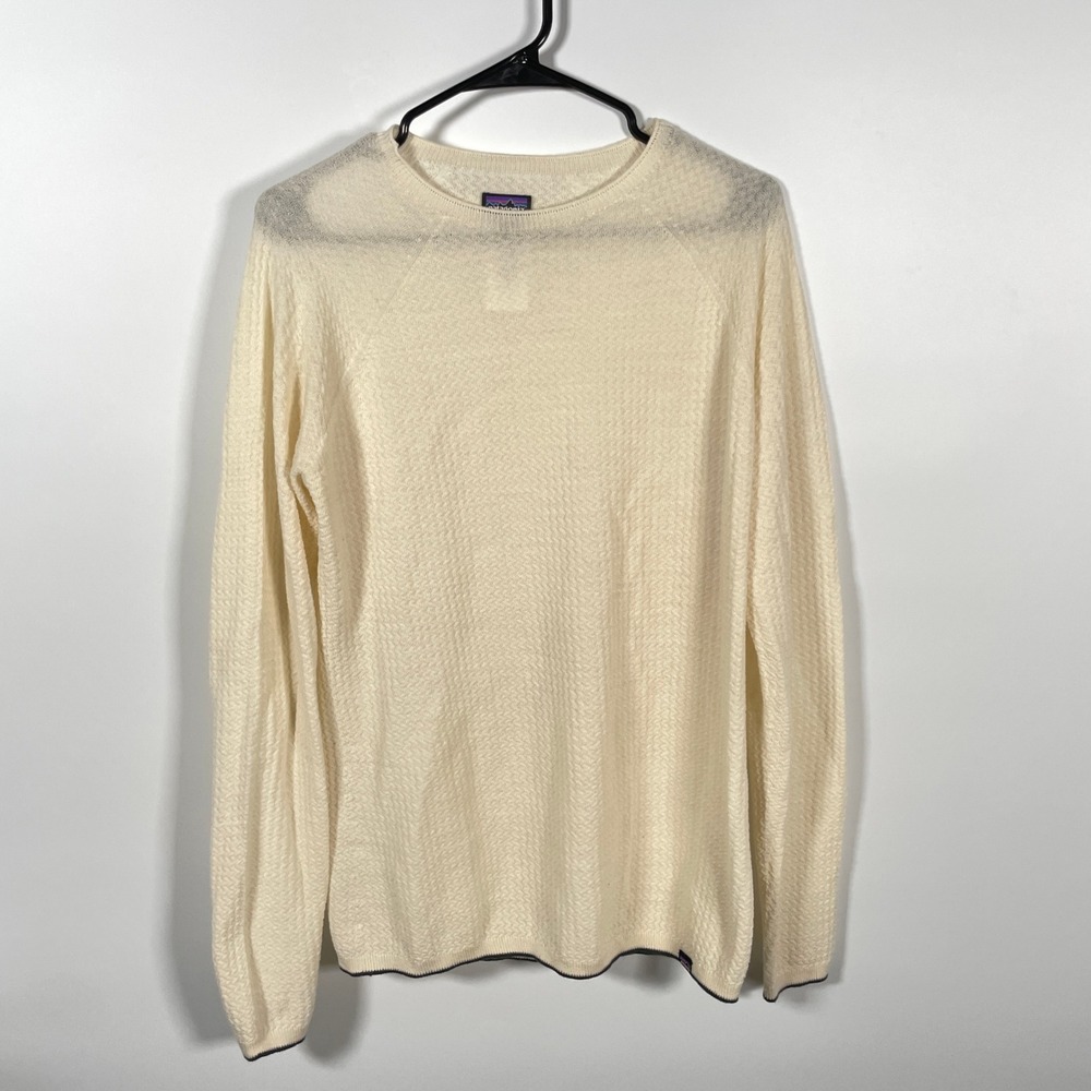 VTG Patagonia Womens XL Merino Wool Blend Waffle Knit Crewneck Sweater Cream